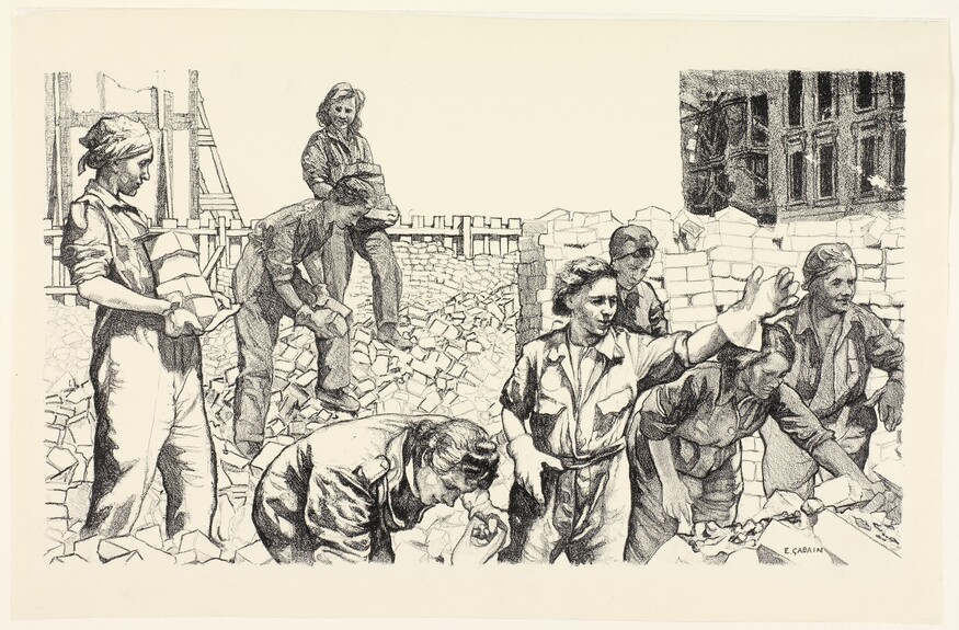 A depiction of women salvaging from the rubble 
