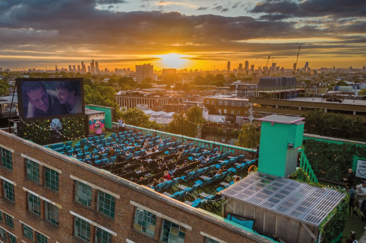 Outdoor activities in London in summer: an aerial photo of the sun setting at a rooftop cinema