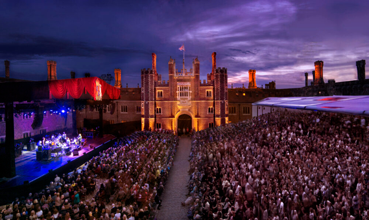 Outdoor culture in London: bandstands and a stage set up in front of Hampton Court Palace