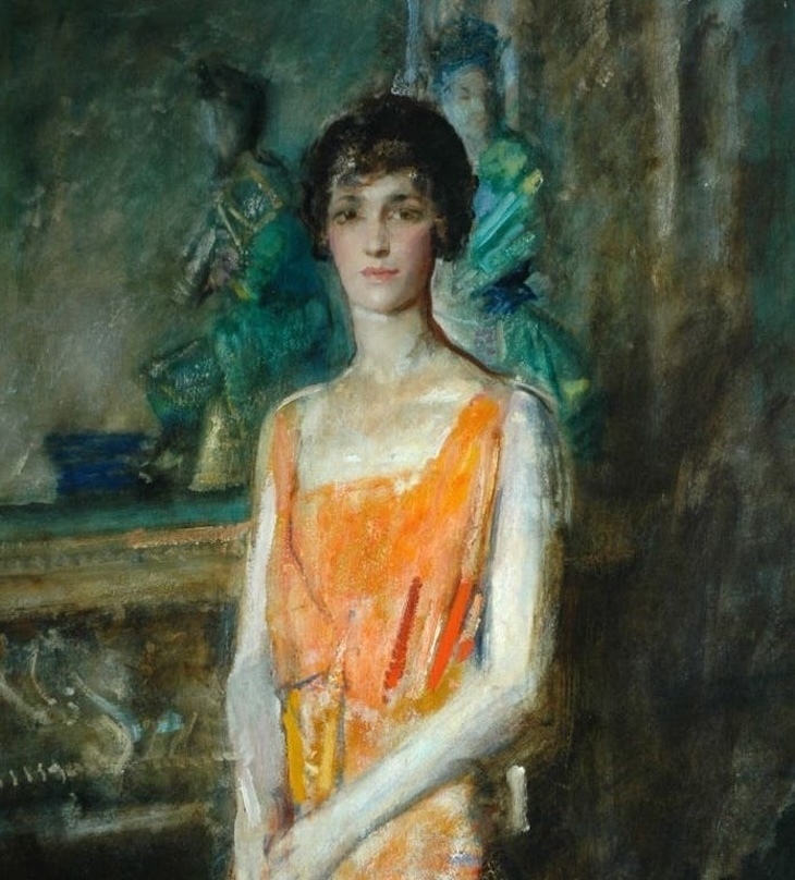 The socialite Lois Sturt in portrait with orange dress