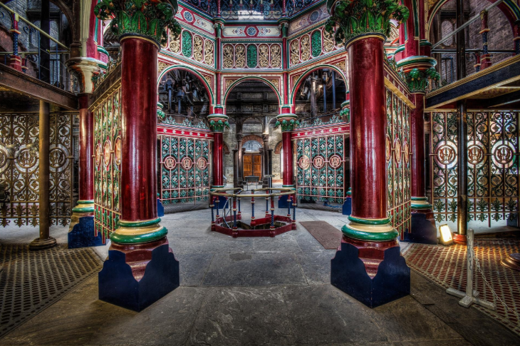 Best things to do in outer London: the red, green and gold ornately painted interior of Crossness Pumping Station