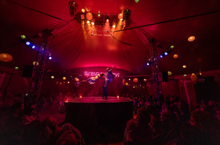 Easter weekend events in London: an audience watching a pair of performers on stage in a circus big top