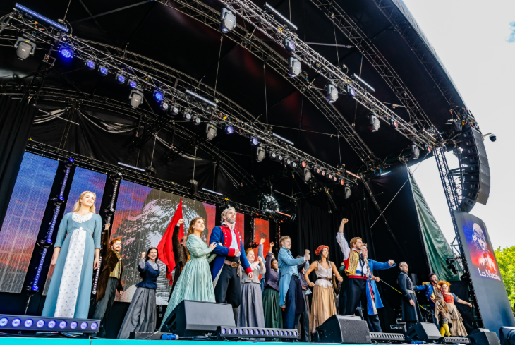 West End Live 2026: The cast of Les Mis performing on a stage in Trafalgar Square