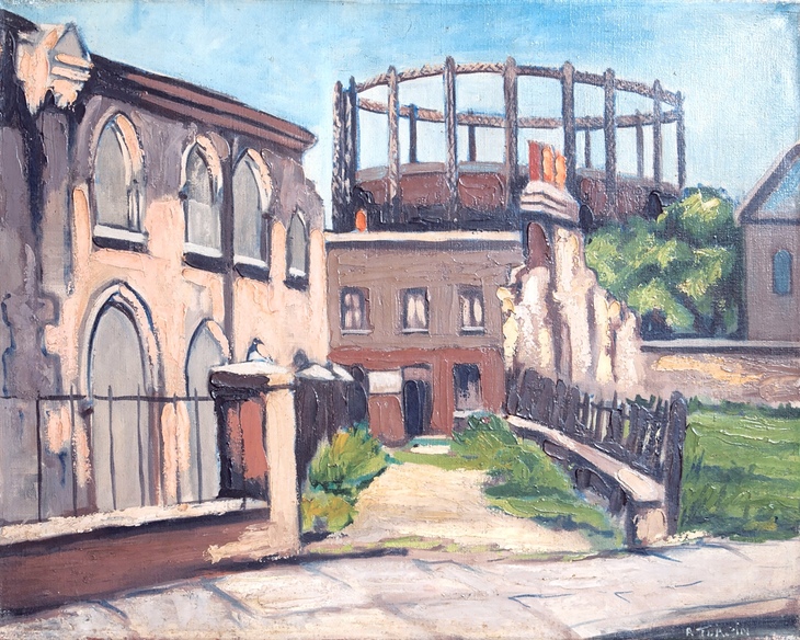 A scene of a street with a gasholder looming in the background