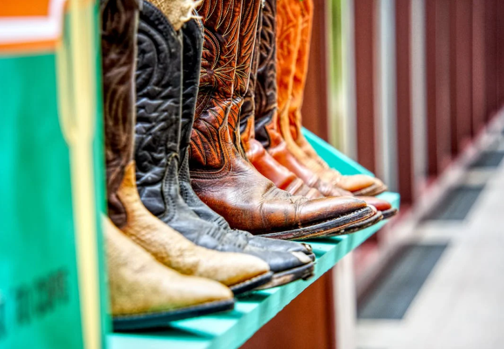 Fourth July/Independence Day 2026 in London:  A row of colorful, worn cowboy boots lined up on a turquoise shelf.