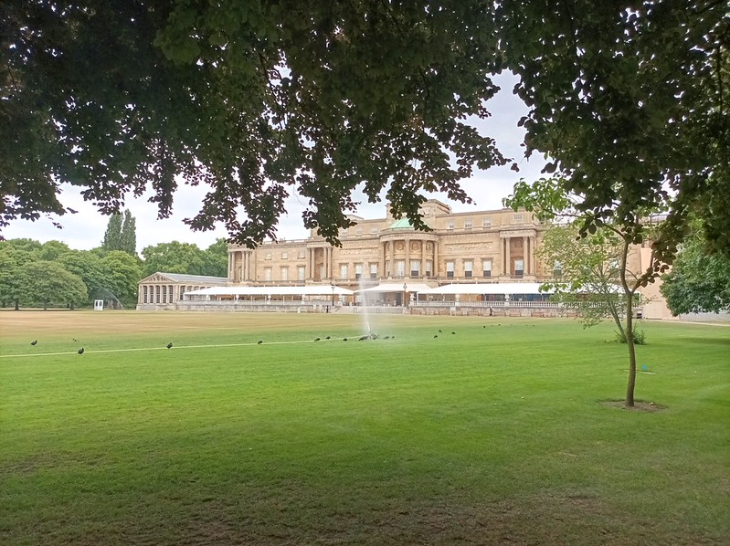 David Attenborough's London: A wide view of the garden facade of Buckingham Palace across a large green lawn, framed by overhanging tree branches in the foreground.