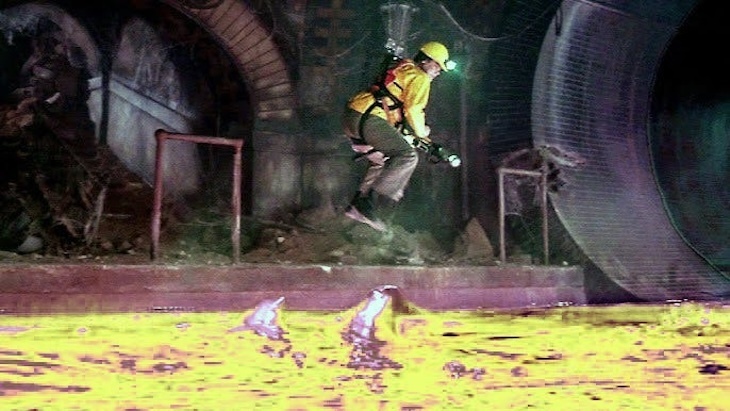 A scene from ghostbusters 2, when Ray is lowered into a sewer of slime, only it's been painted yellow to suggest eggs