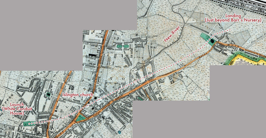 A map showing the north-easterly route of Margaret Graham's pioneering balloon flight across Islington