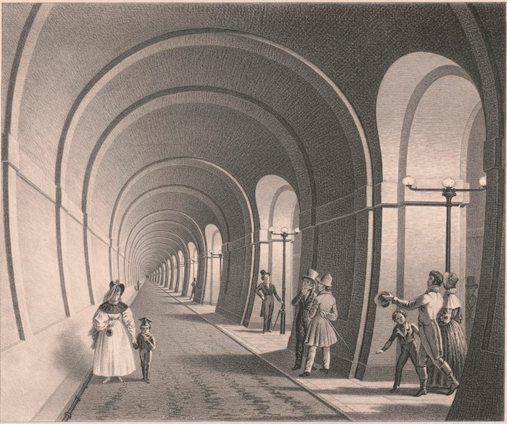 A view along the thames tunnel in Victorian times