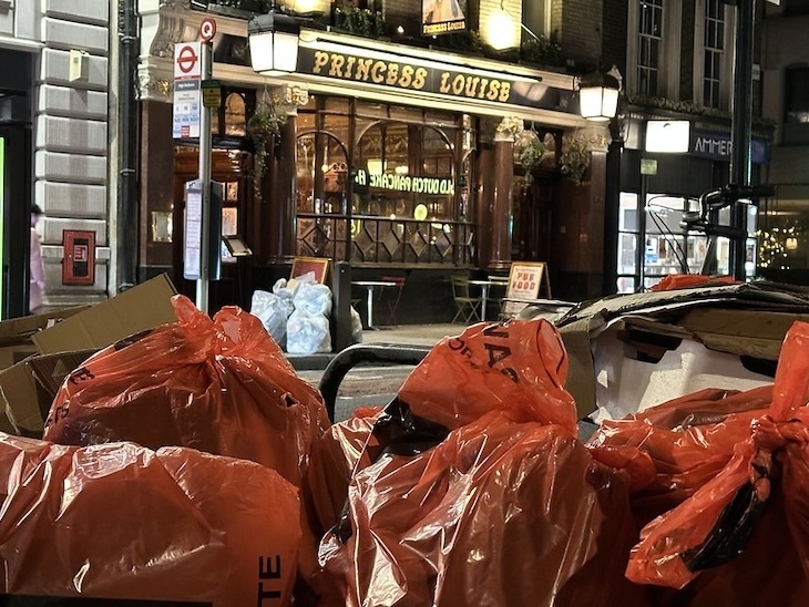Rubbish bags outside the Princess Louise