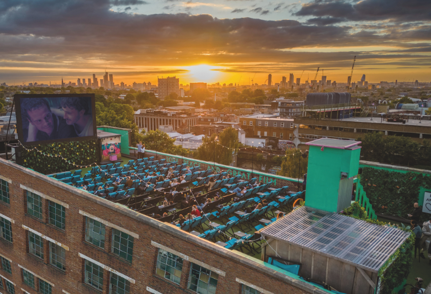 Outdoor cinema London summer 2026: A cinema on the roof of the Bussey Building in Peckham, with views of the London skyline