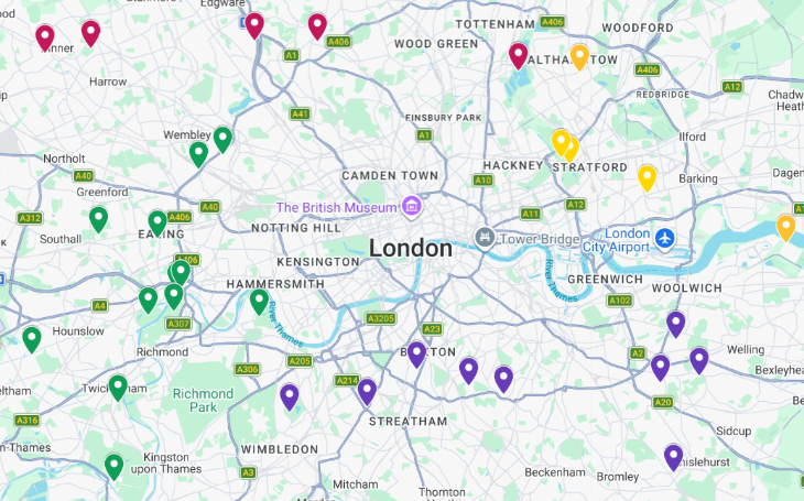 Things to do in London in half term May 2026: a map of London with various coloured pins highlighting attractions in the outer boroughs