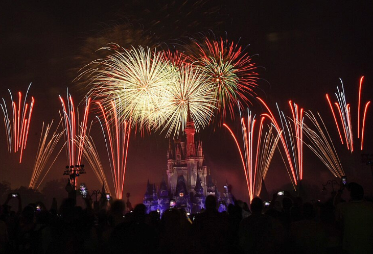 Fourth July/Independence Day 2026 in London: 
 Independence Day in London 2026: A crowd of people silhouetted in the foreground watches a vibrant fireworks display over Cinderella Castle at night, with bursts of gold, red, and white light illuminating the sky.