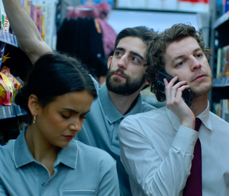 Top events in London this weekend: three people huddled together on a shop floor, one of them with a phone to his ear