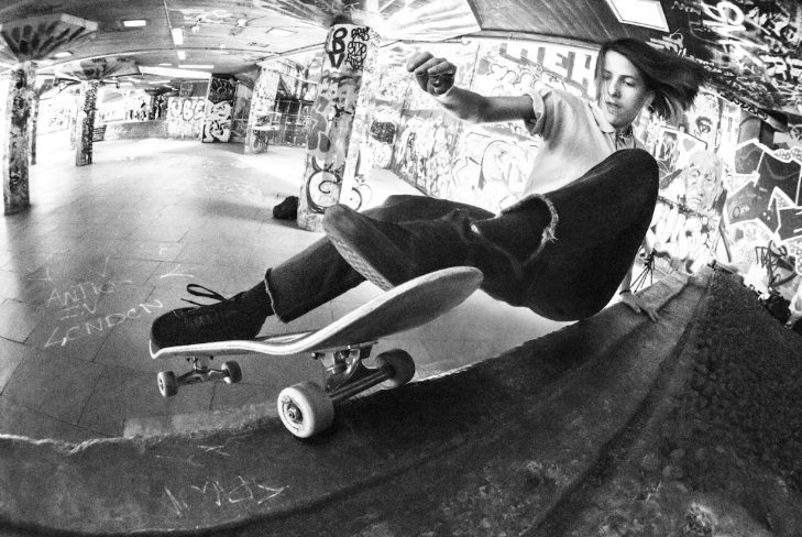 Things to do in London this bank holiday weekend: a black and white photo of a skateboarded in the Undercroft at Southbank Centre