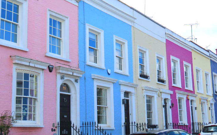 Wisteria walking route in London mapped: a row of colourful terraced houses: pink, blue, yellow, dark pink, yellow, dark blue