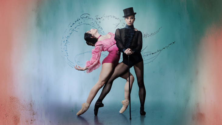 Top things to do in London in May 2026: two dancers posing for a Gentleman Jack promo shot. One wears black including a top hat and leans on a cane looking straight ahead. The other is wearing pink and is draped over one side of her