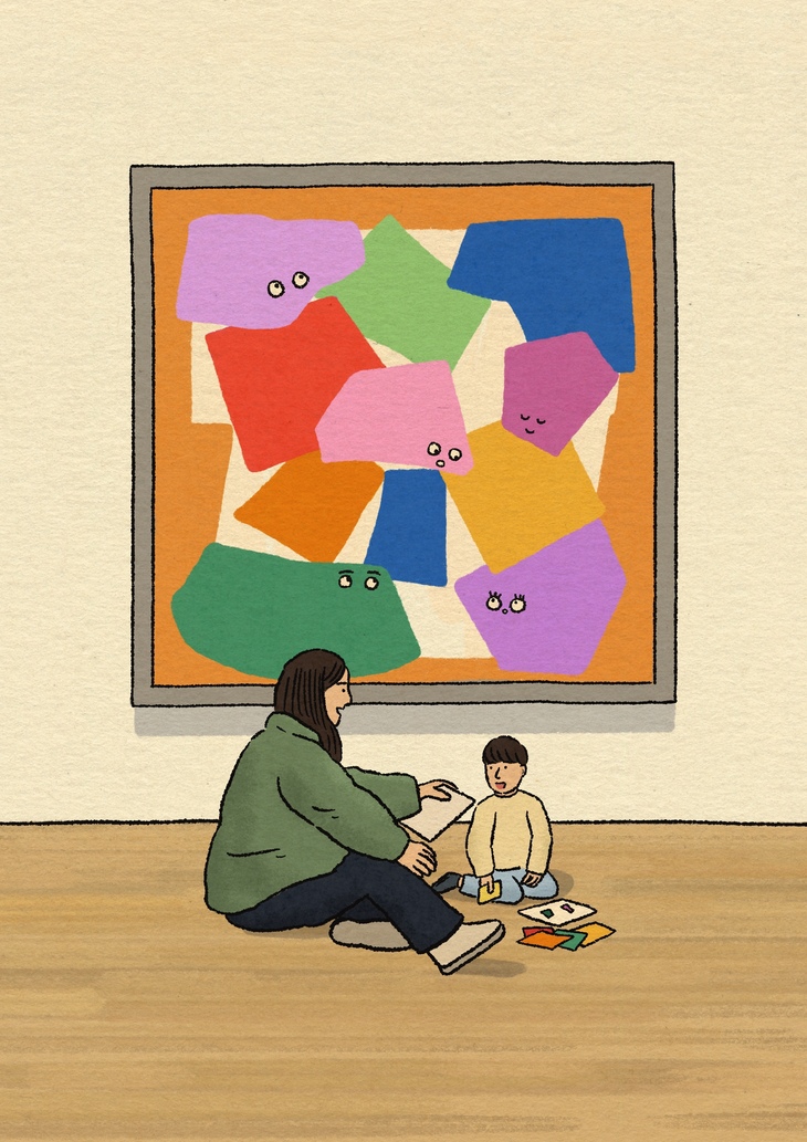 رسم توضيحي للأم والطفل أمام عمل فني حديث