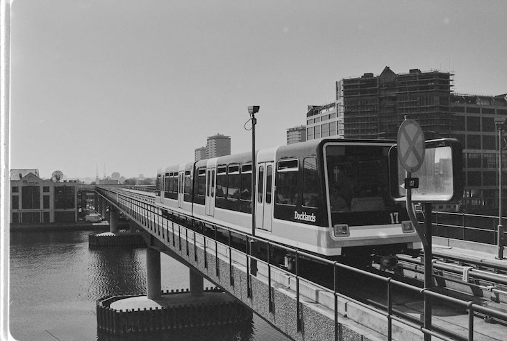 A black and white photo of the DLR in the 1980s