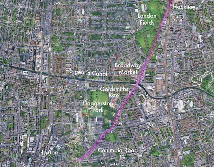 Route of a drovers trail still apparent on the Hackney street plan