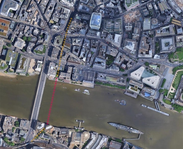 Modern view of central london showing the course of old london bridge