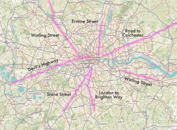 Map of London with Roman roads highlighted in pink