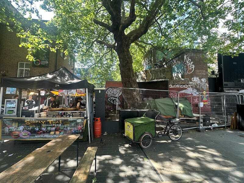 A street food market and old bunker on tottenham court road