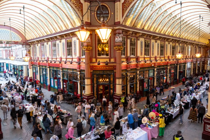 A market with stalls taking place inside the Leadenhall Market building