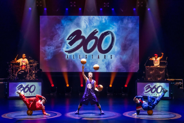 Top events in London today: three performers on stage doing tricks with basketballs