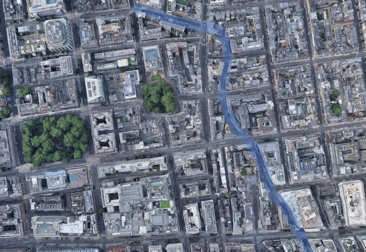 Street plan of marylebone with the river tyburn's route marked in blue.