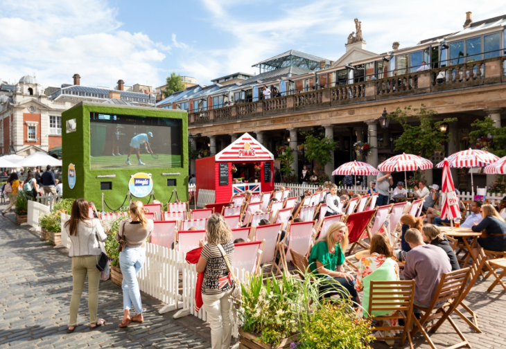 Free screenings of Wimbledon 2026 matches in London: people sitting in deckchairs in Covent Garden Piazza watching tennis on a large screen