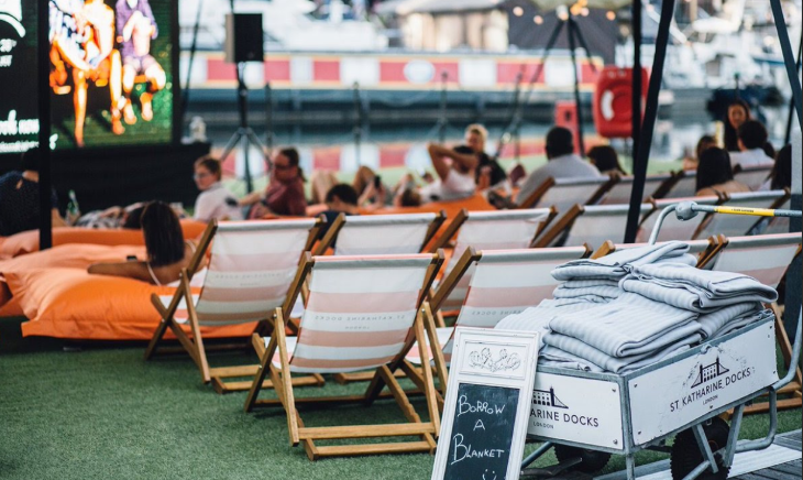 Free screenings of Wimbledon 2026 matches in London: people sitting in deckchairs watching a large screen