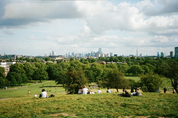 A wide-angle, film-style photograph of people relaxing on the grassy slope of Primrose Hill, overlooking a lush canopy of trees and the distant London skyline under a cloudy sky.