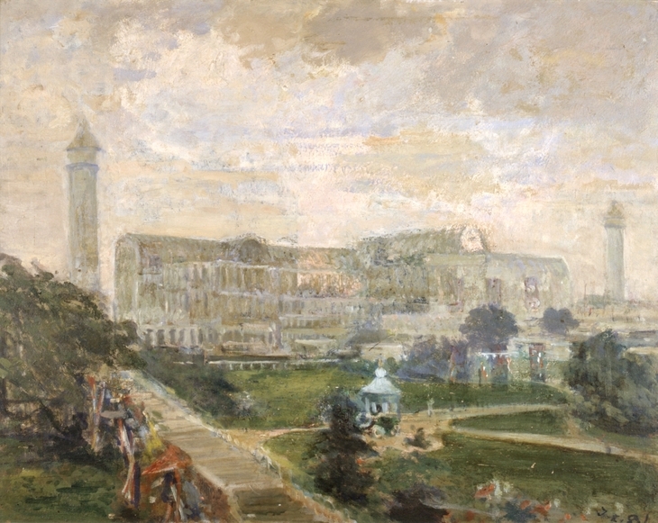 An impressionist oil painting of the Crystal Palace in London, showing the large glass structure and its two flanking towers under a hazy, pale sky. In the foreground, a green park features winding paths, a small white gazebo, and figures suggested by quick brushstrokes.