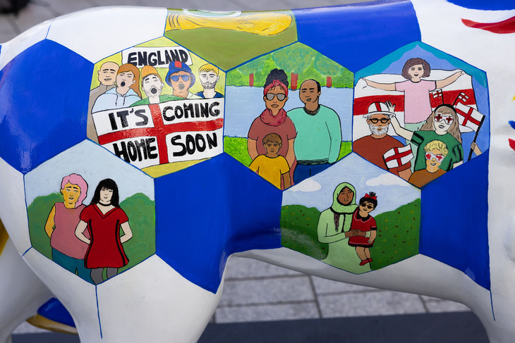 A close-up of one of the lions with an 'it's coming home' illustration