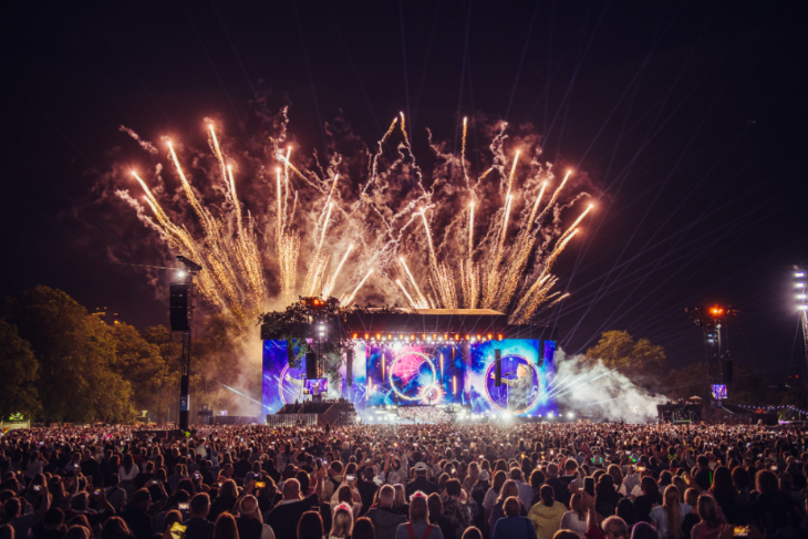 Top events in London today: a crowd watching fireworks behind a stage at an open-air festival