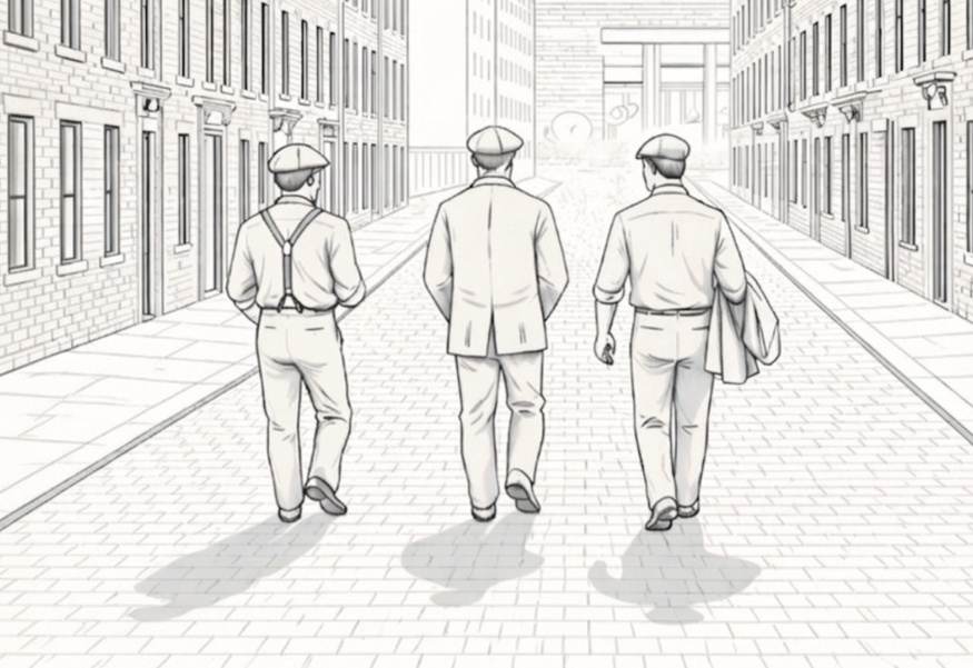 An illustration of three men in caps walking down a terraced street