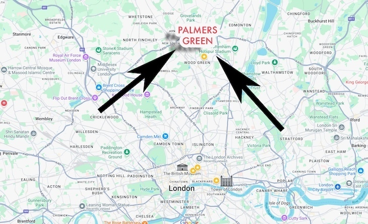 The location of Palmers Green on a map of London