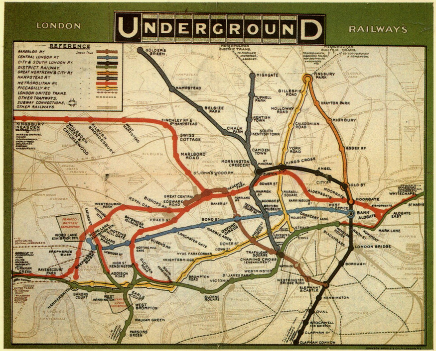 A vintage 1908 map of the London Underground Railways, featuring colorful, hand-drawn transit lines overlaid on a detailed street map of London. The map includes a reference key in the top left corner and the title "London Underground Railways" in a stylized font at the top.