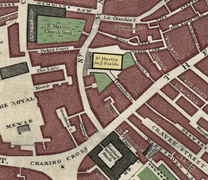 St Martin in the fields shown on a georgian map