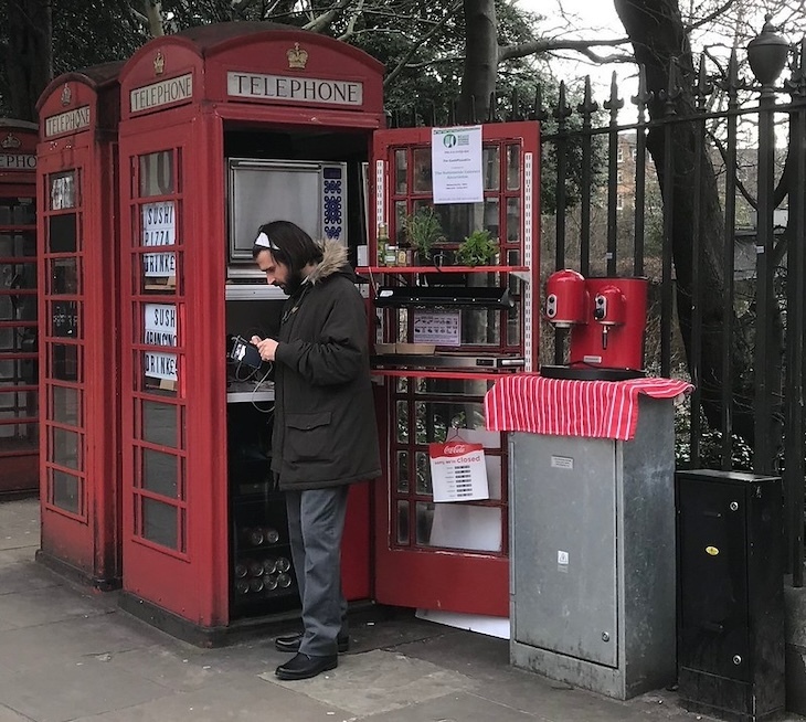 A phone box in London dispensing sushi