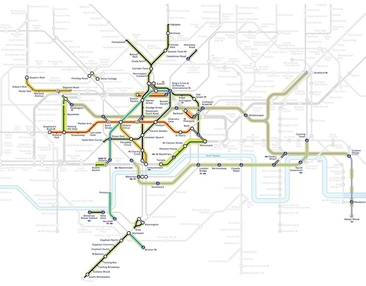 A tube map faded out, with section that have 5G phone coverage highlighted in a gangrenous shade of yellow