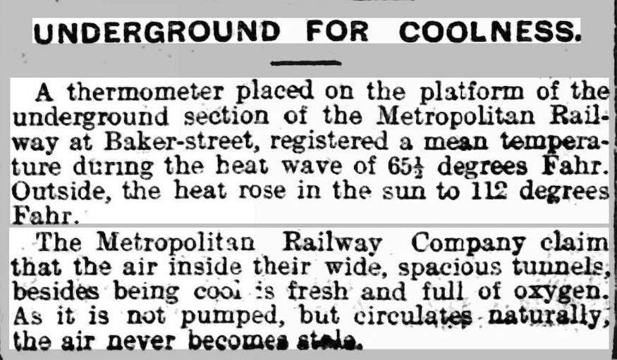 A press cutting describing the Tube as a cool place to go during a heatwave