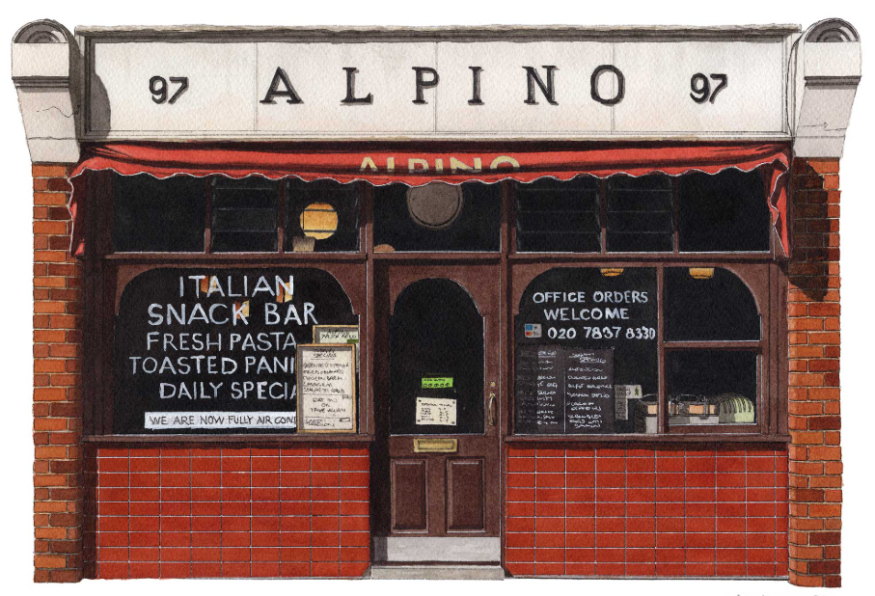 What's on in London this weekend: a painting of the exterior of Alpino Cafe in Islington
