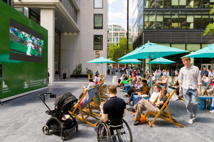 Free screenings of Wimbledon 2026 matches in London: rows of deckchairs and sun umbrellas facing towards a screen showing Wimbledon
