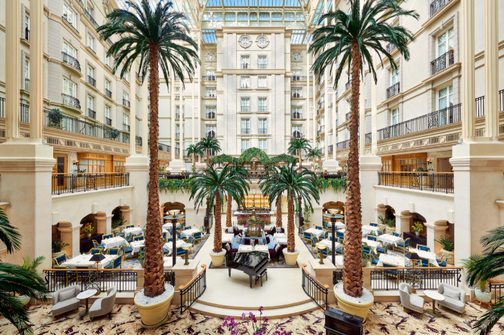 London's best afternoon tea: a very high room with many tables, a piano, and several palm trees.