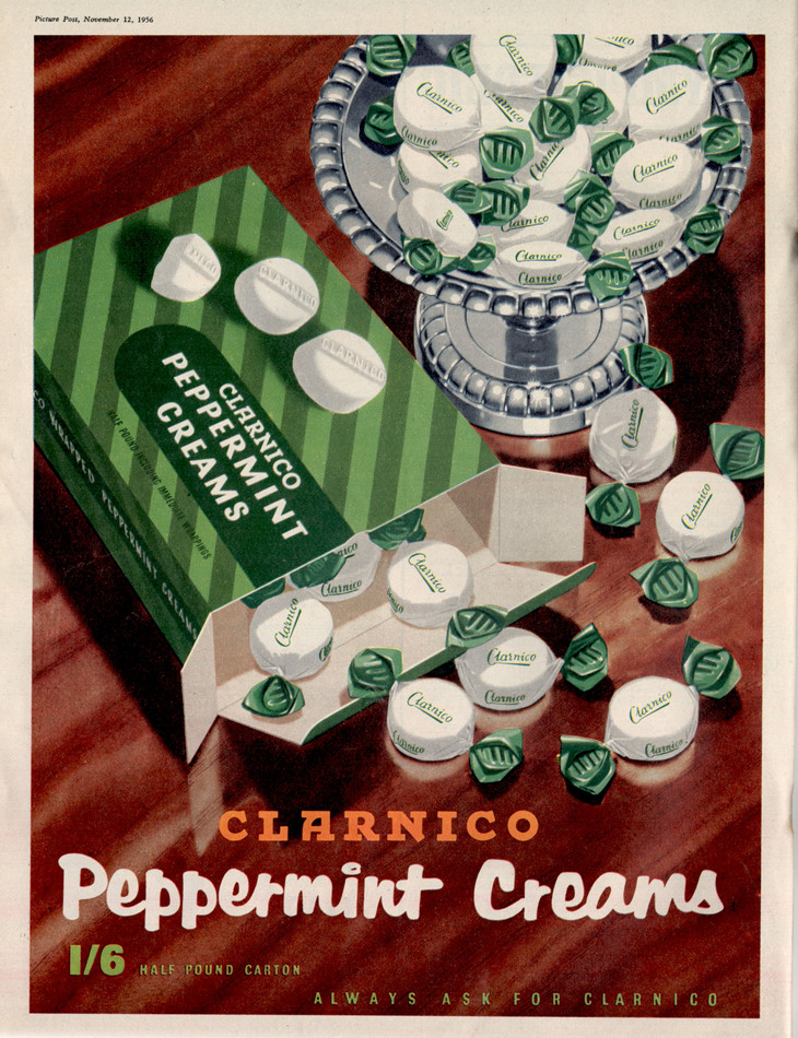 A 1956 vintage advertisement for Clarnico Peppermint Creams featuring a green striped box spilling white wrapped candies onto a wooden surface next to a silver candy dish. The text at the bottom reads "CLARNICO Peppermint Creams" in bold white and orange lettering.