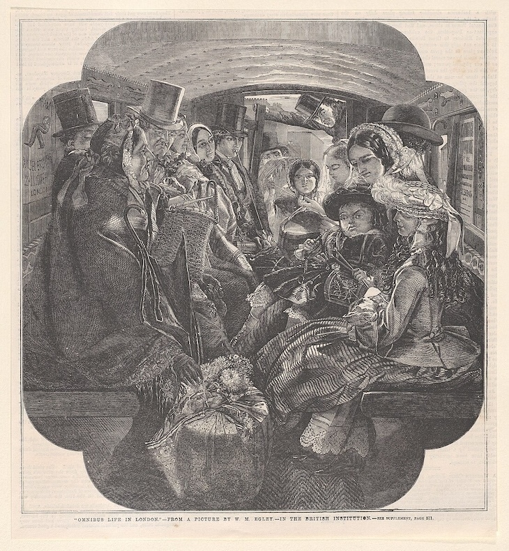 A crowded omnibus scene as sketched in the 1850s
