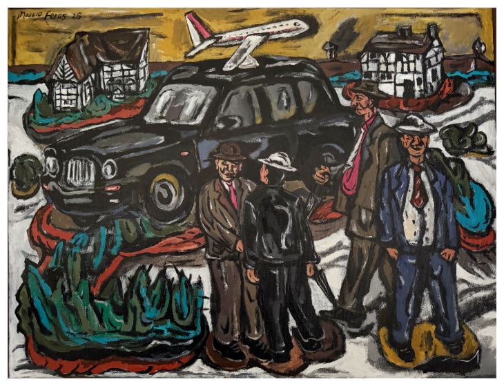 A stylised painting of a black cab, an aeroplane and Tudor-style gabled houses