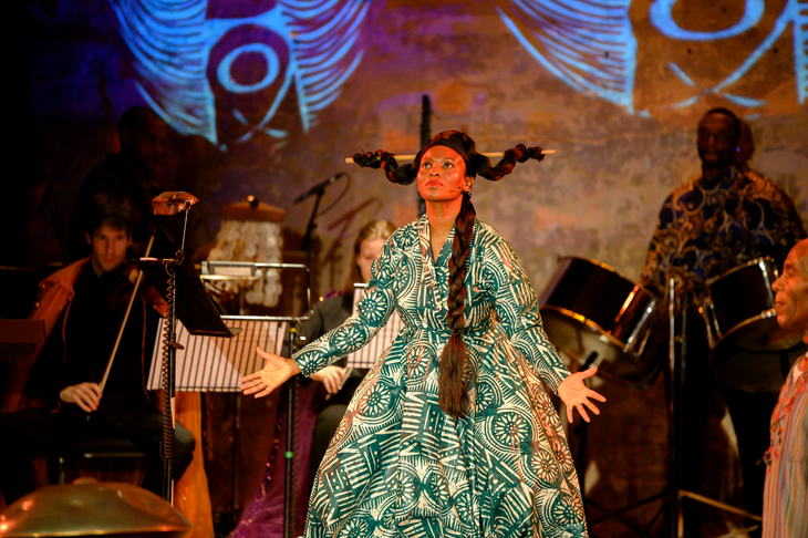A woman in a patterned dress on stage